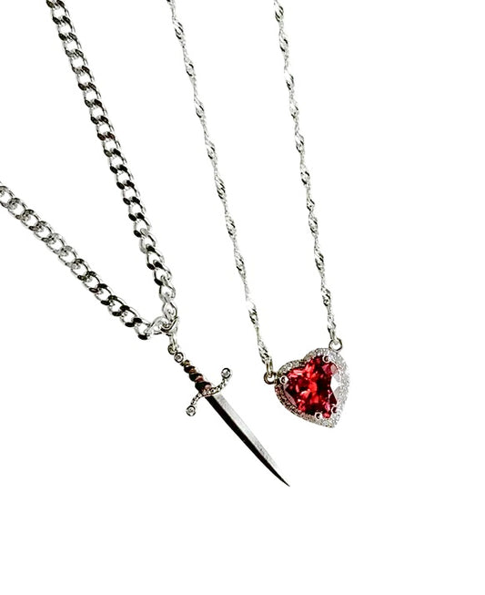 Heart and Sword Necklace for Women Men Couple 18k Gold Plated Stainless Steel